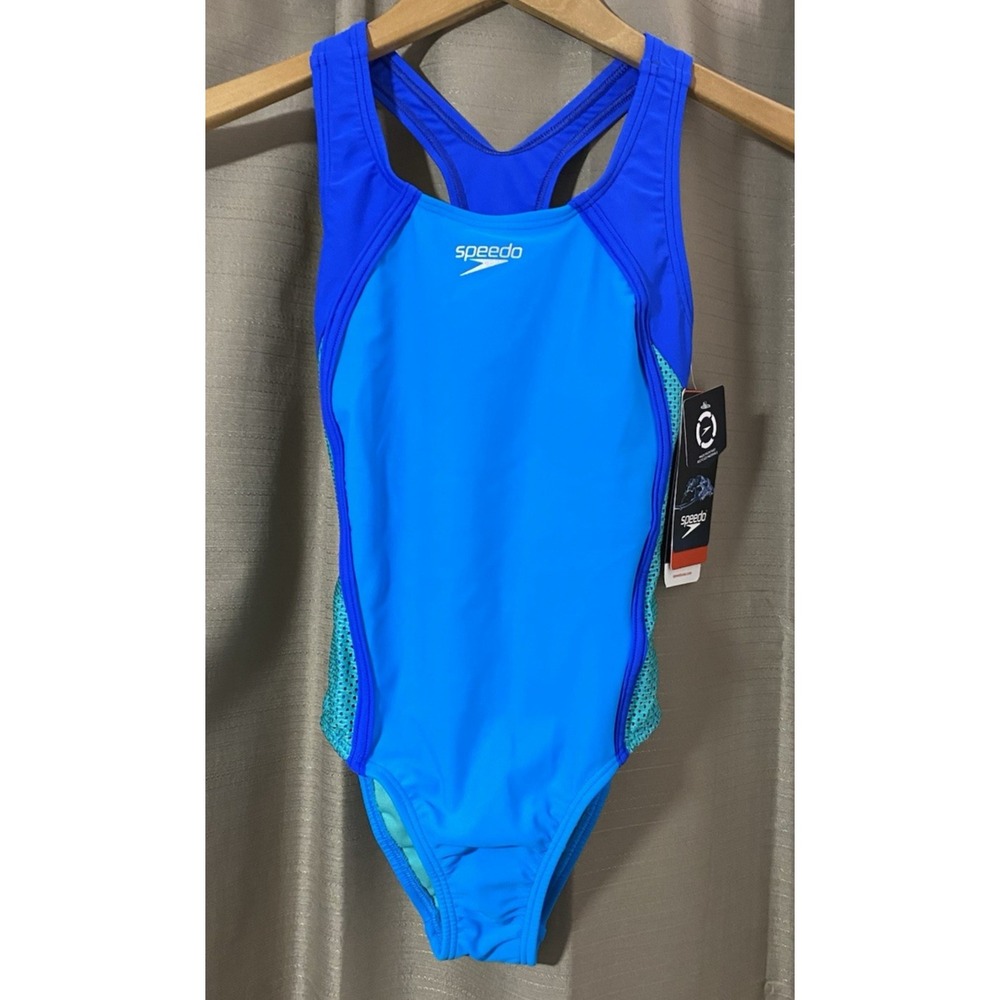 Speedo Girls One Piece Swimsuit Cyanβ Blue Mesh Racerback Size 8 NWT 87714001462